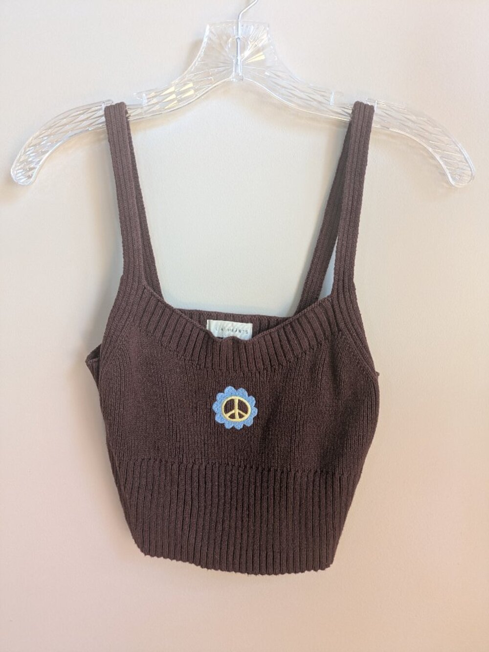 L.A. Hearts Cotton Knit Brown Tank Top With Peace Sign Embroidery Small #691